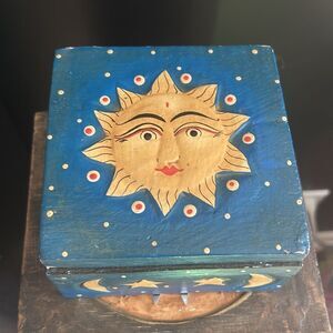 Rare Unique, vintage 90s hand-carved wooden sun and moon box 5"x3"